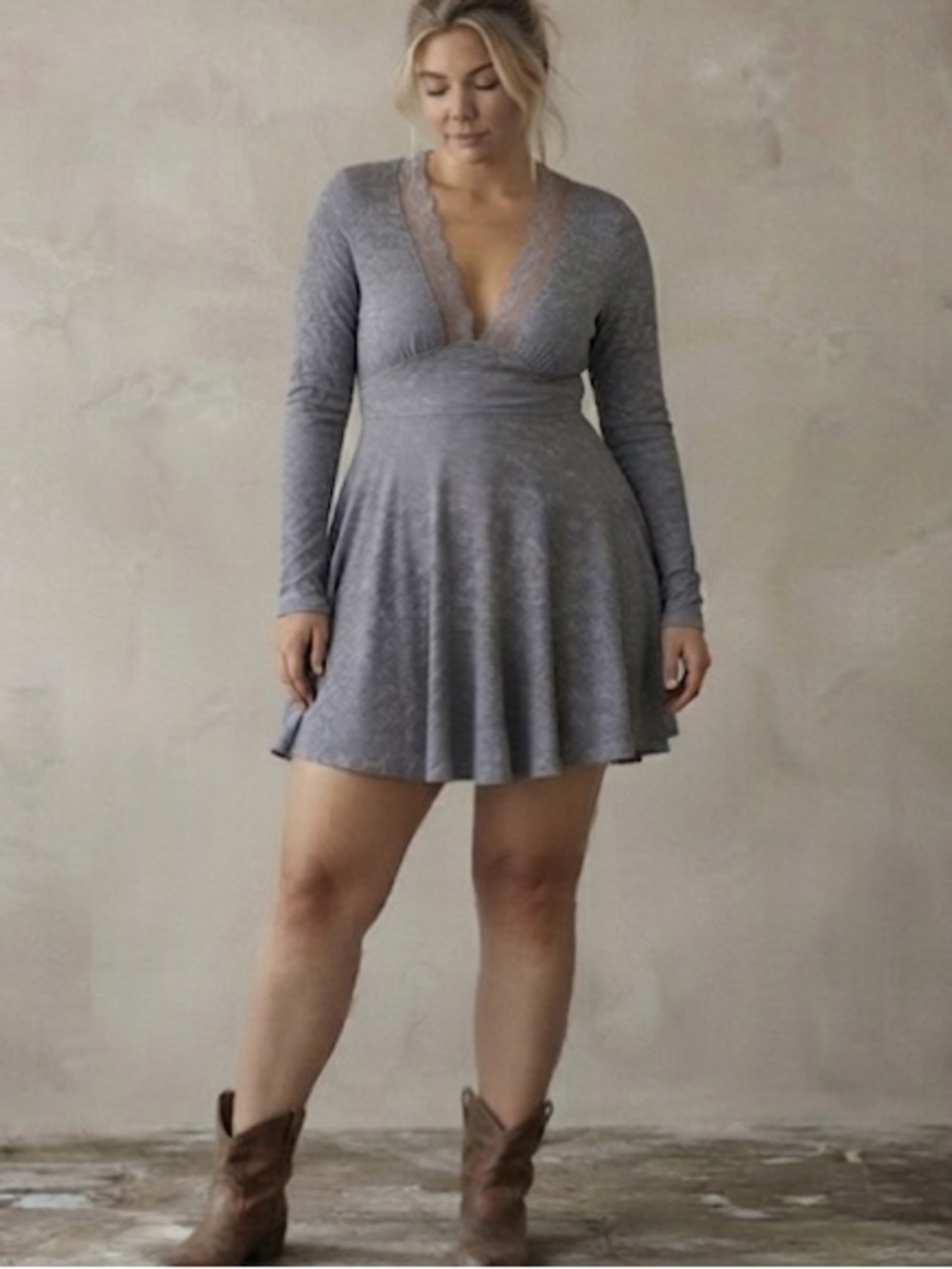 Free People All Yours Longsleeve Mini Dress Blue Size Large Vneck Lace Stretch